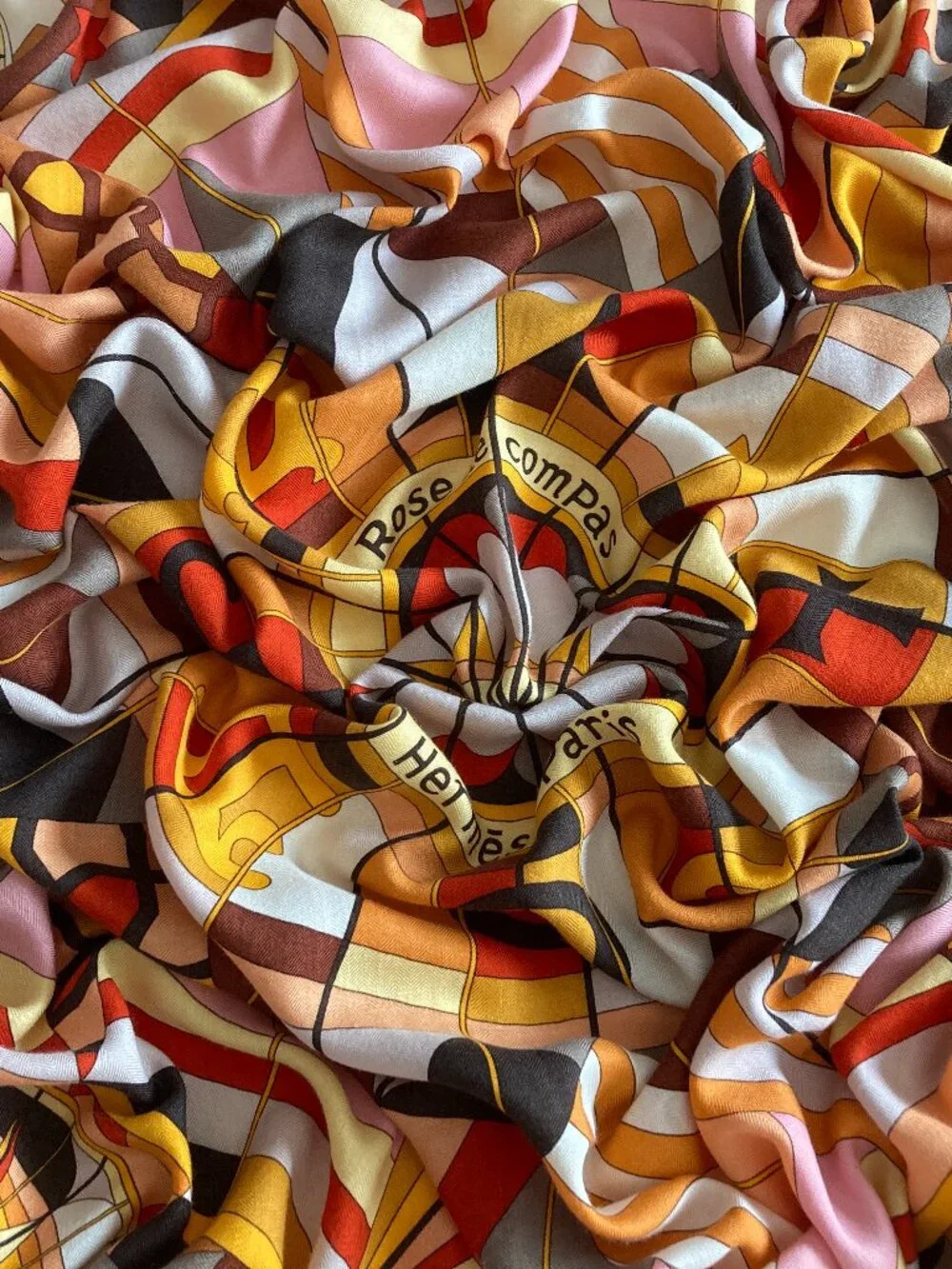 Hermes Rose de Compas Cashmere Silk Shawl Scarf